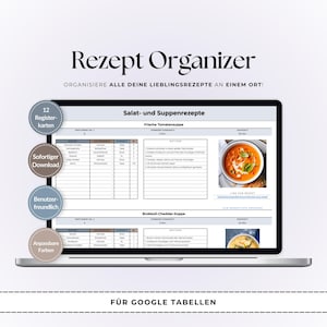 以下が含まれることがあります： ラップトップの画面には、「Rezept Organizer」というタイトルのレシピオーガナイザーテンプレートが表示されています。テンプレートには、サラダとスープのレシピのセクションがあり、料理の写真が掲載されています。12枚の登録カード、インスタントダウンロード、使いやすいデザイン、カスタマイズ可能な色が含まれています。