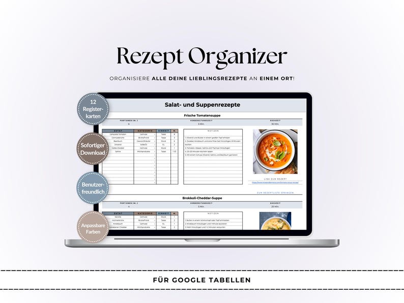 K&ouml;nnte beinhalten: Ein Laptop-Bildschirm zeigt eine Rezept-Organizer-Vorlage mit dem Titel "Rezept Organizer". Die Vorlage enth&auml;lt Abschnitte f&uuml;r Salat- und Suppenrezepte mit Bildern der Gerichte. Weitere Funktionen sind 12 Registerkarten, Sofort-Download, benutzerfreundliches Design und anpassbare Farben.