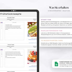 K&ouml;nnte beinhalten: Ein digitales Tablet zeigt eine Fr&uuml;hst&uuml;cksrezeptvorlage mit Abschnitten f&uuml;r Avocado-Toast, French Toast und Joghurt-Parfait. Das Tablet zeigt auch Anweisungen und eine Liste von Funktionen, einschlie&szlig;lich eines Start-Tabs.