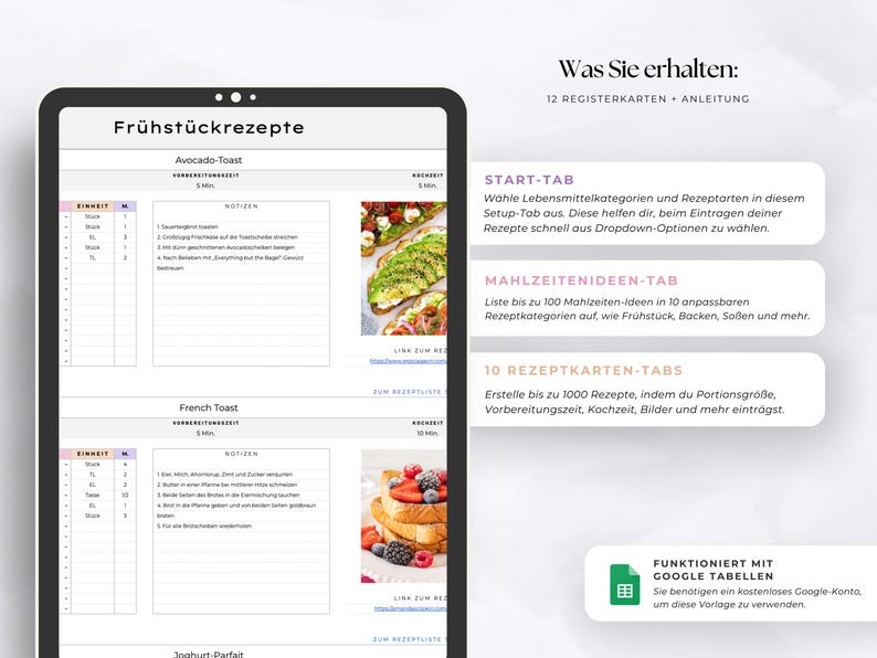 K&ouml;nnte beinhalten: Ein digitales Tablet zeigt eine Fr&uuml;hst&uuml;cksrezeptvorlage mit Abschnitten f&uuml;r Avocado-Toast, French Toast und Joghurt-Parfait. Das Tablet zeigt auch Anweisungen und eine Liste von Funktionen, einschlie&szlig;lich eines Start-Tabs.