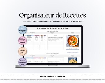 Organisateur de Recettes Numérique | Google Sheets Planificateur de Repas | Modèle Suivi Recettes | Journal de Cuisine | Livre de Recettes