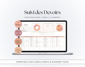 Suivi des Tâches Scolaires pour Étudiants | Excel- och Google Sheets-modeller | Planificateur Automatique de Devoirs