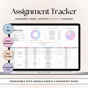 Sjabloon toewijzingstracker | Google Spreadsheets en Excel | Huiswerklogboek | Studentenplanner | Organisator academische opdrachten