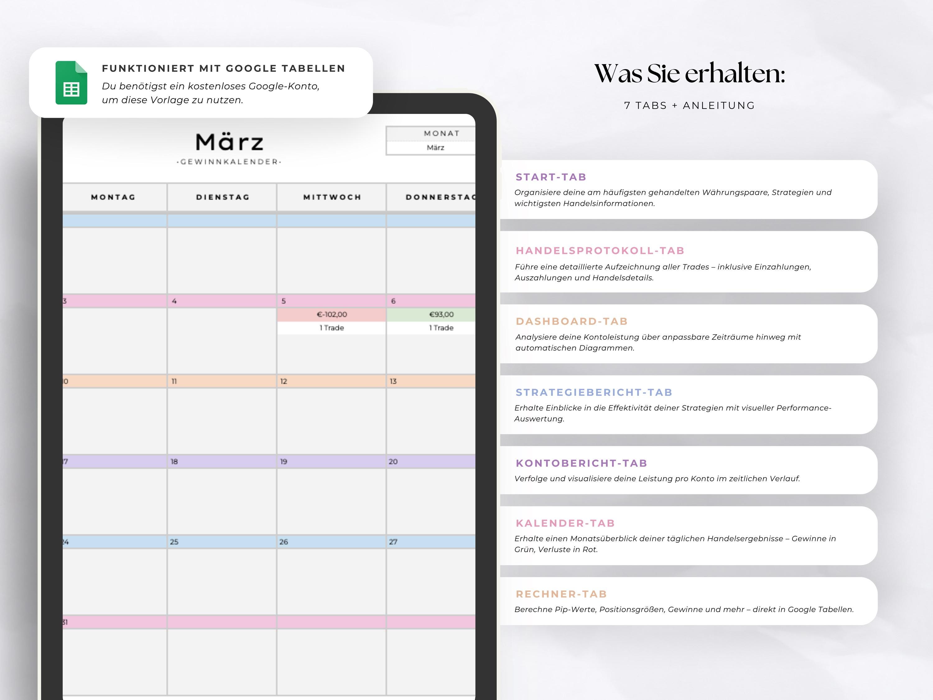 Forex‑Handelsjournal + Google Tabellen Vorlage – 15 Konten | Trade Log |  Kalender | Crypto, Indizes, Rohstoffe