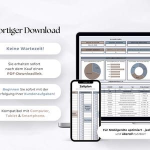 May include: A digital business management dashboard displayed on a laptop screen and a smartphone. The interface features charts, task lists, and client data tables in a neutral color palette. Text includes "Sofortiger Download" and "Zeitplan".