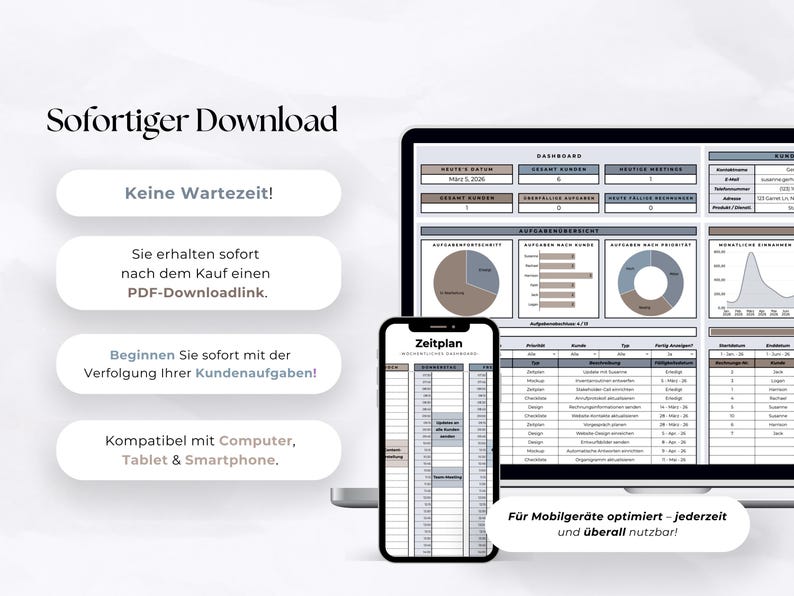 May include: A digital business management dashboard displayed on a laptop screen and a smartphone. The interface features charts, task lists, and client data tables in a neutral color palette. Text includes "Sofortiger Download" and "Zeitplan".