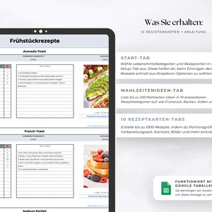 K&ouml;nnte beinhalten: Ein digitales Tablet zeigt eine Fr&uuml;hst&uuml;cksrezeptvorlage mit Abschnitten f&uuml;r Avocado-Toast, French Toast und Joghurt-Parfait. Das Tablet zeigt auch Informationen &uuml;ber die Rezeptvorlage, einschlie&szlig;lich 12 Registerkarten.