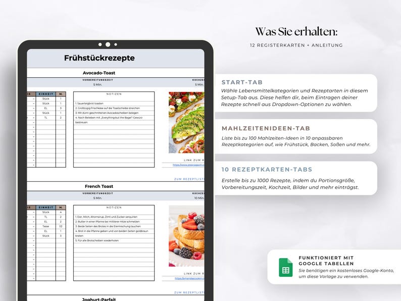 K&ouml;nnte beinhalten: Ein digitales Tablet zeigt eine Fr&uuml;hst&uuml;cksrezeptvorlage mit Abschnitten f&uuml;r Avocado-Toast, French Toast und Joghurt-Parfait. Das Tablet zeigt auch Informationen &uuml;ber die Rezeptvorlage, einschlie&szlig;lich 12 Registerkarten.