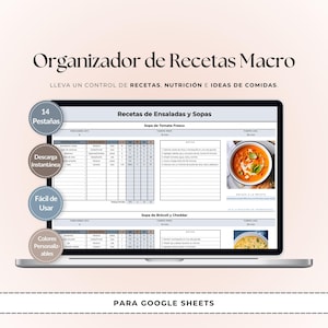 May include: A laptop screen displays a digital recipe organiser titled "Organizador de Recetas Macro." The screen shows a recipe for tomato soup with a photo. The organiser includes sections for recipes, nutrition, and meal ideas. Features include 14 tabs, instant download, easy to use, and customisable colours.