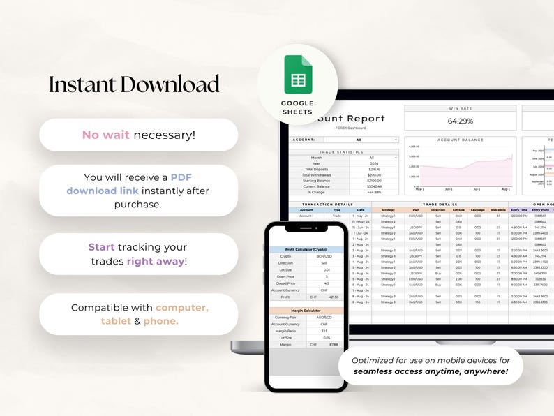 Forex Trading Journal Google Sheets | Trade Tracker & Dashboard | Crypto Indices Forex Log | Digital Download image 8
