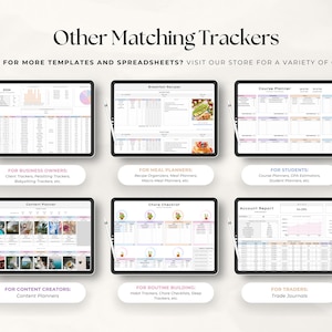 Peut inclure: Une mosa&iuml;que de neuf &eacute;crans de tablettes num&eacute;riques affichant divers mod&egrave;les de feuilles de calcul pour diff&eacute;rents usages, notamment la gestion d'entreprise, la planification des repas, l'organisation &eacute;tudiante, la cr&eacute;ation de contenu, l'&eacute;tablissement de routines et le trading. Le texte "Other Matching Trackers" est en haut de l'image.