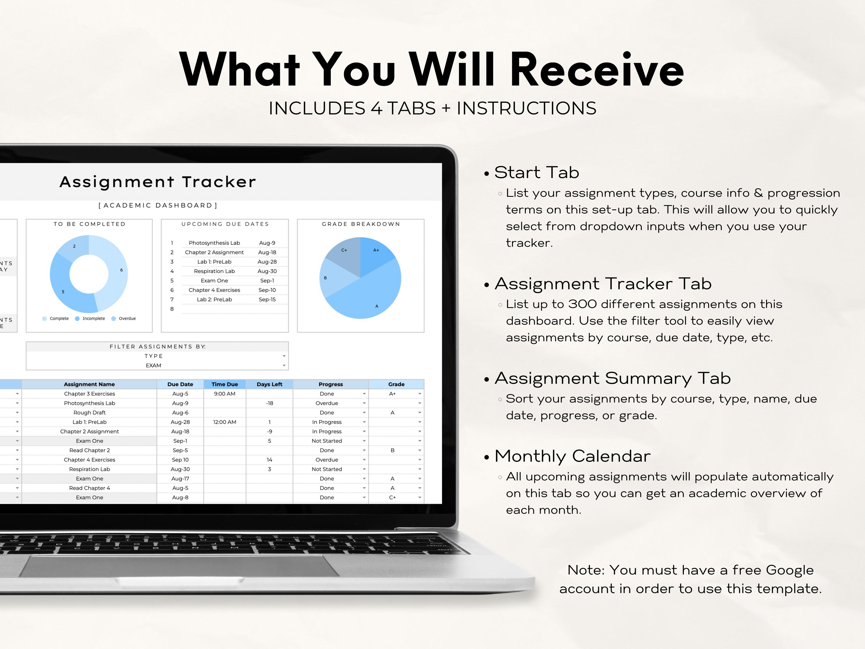 Assignment Tracker Spreadsheet, Google Sheets Template, Homework ...