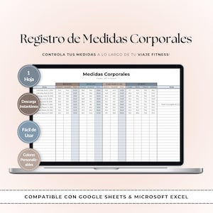 Op de afbeelding: Een laptop toont een spreadsheet met de titel "Medidas Corporales" (Lichaamsmaten). Het scherm toont een tabel met kolommen voor lichaamsmaten. De Spaanse tekst luidt "Registro de Medidas Corporales" en "CONTROLA TUS MEDIDAS A LO LARGO DE TU VIAJE FITNESS!"