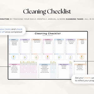 Peut inclure: Une liste de contr&ocirc;le de nettoyage imprimable avec un design color&eacute;. La liste comprend des sections pour les t&acirc;ches de nettoyage quotidiennes, hebdomadaires, mensuelles, trimestrielles, semestrielles et annuelles. Le texte "Voir vos tableaux mis &agrave; jour pour refl&eacute;ter vos progr&egrave;s !" est en bas de la liste de contr&ocirc;le.