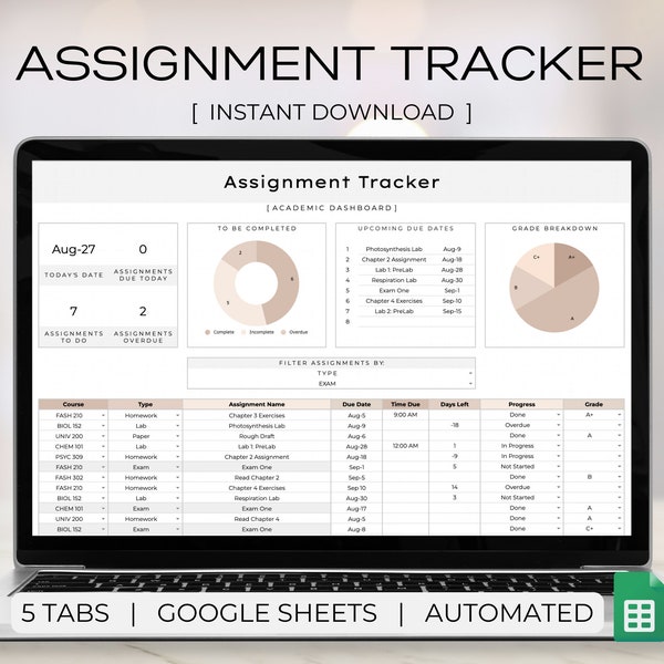 Assignment Tracker Spreadsheet, Google Sheets Template, Homework Tracker, Student Planner