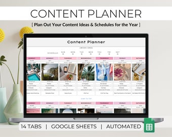 May include: A computer screen displaying a content planner template with a calendar layout. The template is designed to help users plan out their content ideas and schedules for the year. The template includes a schedule for each day of the week, with space for users to enter their content ideas, the platform they will be posting on, and the status of their content. The template also includes a section for users to enter their content descriptions. The template is labeled "Content Planner" and "Week One".