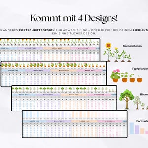 May include: Four different design options are shown, each with a unique theme. The themes include sunflowers, potted plants, trees, and color gradient bars. The text says "Comes with 4 Designs!" and "Choose a different progress design for variety - or stick with your favorite style for a consistent design."