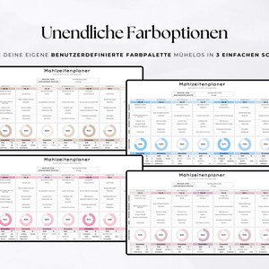 May include: Four meal planner designs with different color schemes: beige, blue, pink, and purple. Each planner features a weekly layout with sections for meals and percentages. Text at the top reads "Unendliche Farboptionen" and "GESTALTE DEINE EIGENE..."