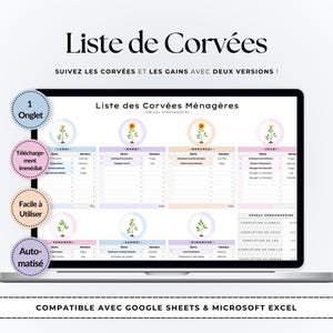 Puede incluir: Una pantalla de portátil muestra un gráfico digital de tareas domésticas titulado "Liste de Corvées". El gráfico está codificado por colores por día, con secciones para tareas y estado de finalización. El texto en la pantalla incluye "Compatible avec Google Sheets & Microsoft Excel."