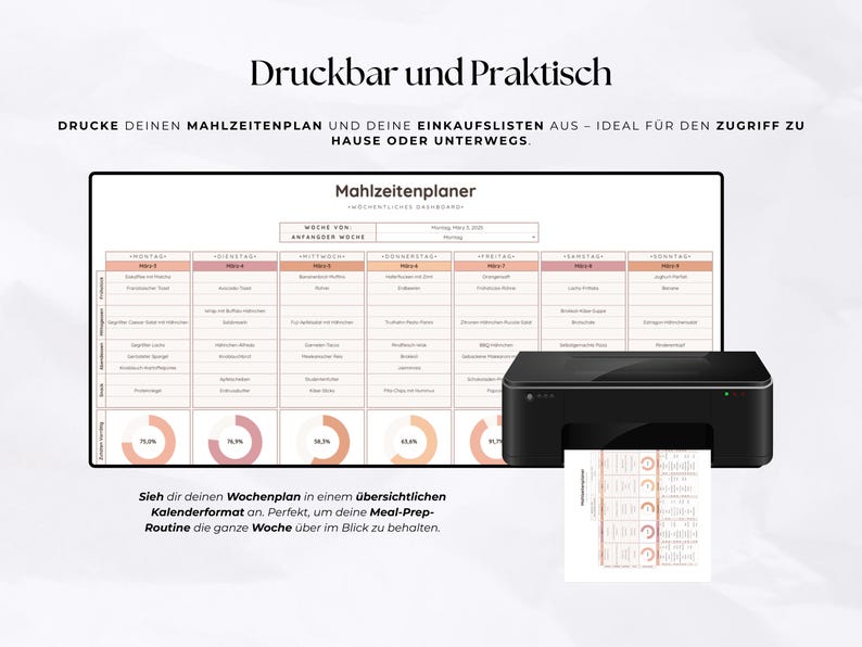 Puede incluir: Una impresora negra junto a un planificador de comidas semanal impreso. El planificador de comidas se muestra en una pantalla grande con formato de calendario. El texto "Druckbar und Praktisch" est&aacute; en la parte superior.