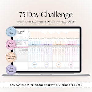 75 dagen challenge-tracker | Google Spreadsheets en Microsoft Excel | Maaltijdplanner | Trainingsplanner | Doeltracker | Dagelijkse gewoonte-tracker