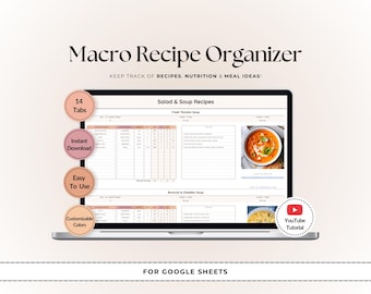 Macro Recipe Organizer Spreadsheet | Digital Recipe Book | Google Sheets Meal Planner | Nutrition & Ingredient Log