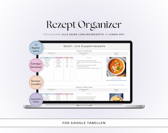 Peut inclure: Un ordinateur portable affiche un organisateur de recettes avec le texte "Rezept Organizer" et "Salat- und Suppenrezepte". L'écran montre une mise en page de recette avec une photo de soupe à la tomate. Le texte supplémentaire comprend "12 Registerkarten" et "Sofortiger Download."