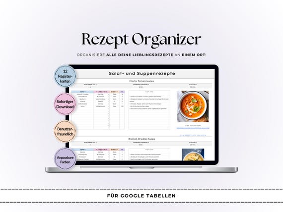 Digitaler Rezept-Organizer | Google Tabellen Essensplaner | Rezepttracker Vorlage | Kochjournal | Rezeptsammlung