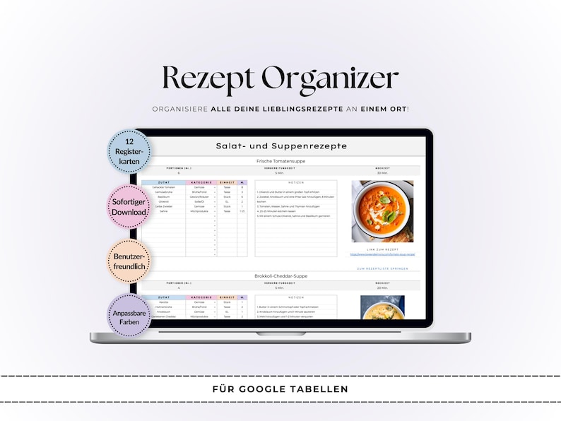 K&ouml;nnte beinhalten: Ein Laptop zeigt einen Rezept-Organizer mit dem Text "Rezept Organizer" und "Salat- und Suppenrezepte". Der Bildschirm zeigt ein Rezeptlayout mit einem Foto von Tomatensuppe. Zus&auml;tzlicher Text enth&auml;lt "12 Registerkarten" und "Sofortiger Download."