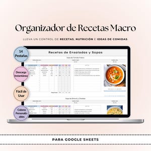 May include: A laptop screen shows a recipe organiser with the text "Organizador de Recetas Macro." The screen displays a tomato soup recipe with a photo. Features include 14 tabs, instant download, easy to use, and customisable colours.