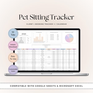May include: A laptop screen displaying a Pet Sitting Tracker spreadsheet for 2026 with charts, booking tables, and client data. Four circular badges on the left list features: 10 Tabs, Instant Download, Easy To Use, and Customizable Colors.