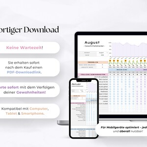 May include: Digital habit tracker displayed on a laptop, smartphone, and tablet. The image includes the text "Sofortiger Download" and "Compatible with Computer, Tablet & Smartphone." The laptop screen shows an August calendar, and the phone displays a January calendar.