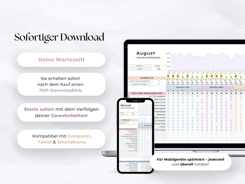 May include: Digital habit tracker displayed on a laptop, smartphone, and tablet. The image includes the text "Sofortiger Download" and "Compatible with Computer, Tablet & Smartphone." The laptop screen shows an August calendar, and the phone displays a January calendar.