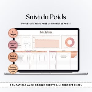 Peut inclure: Un écran d'ordinateur portable affiche un tableur de suivi du poids avec des graphiques et des tableaux de données. Le titre "Suivi du Poids" est en haut, avec le texte "SUIVEZ VOTRE PERTE, PRISE OU MAINTIEN DE POIDS!" en dessous. Compatible avec Google Sheets & Microsoft Excel.