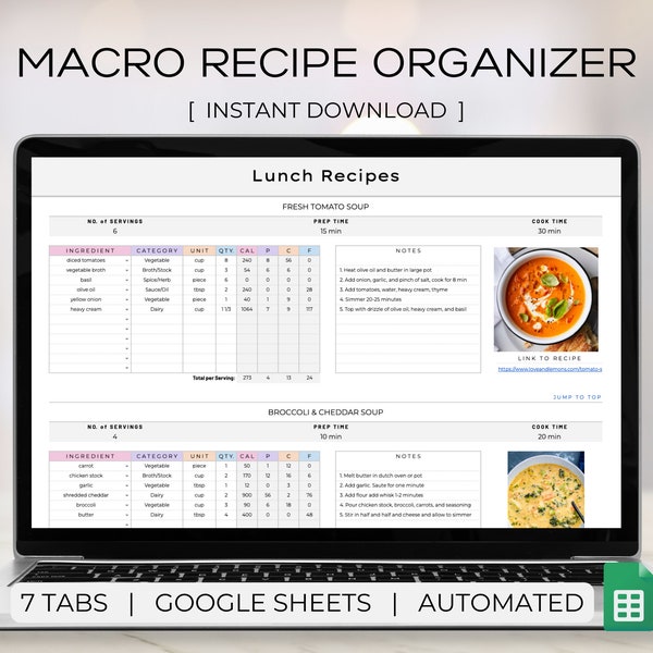 Organiseur de macros de recettes, feuilles Google, journal de recettes, livre de recettes numérique