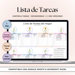 May include: A laptop screen shows a Spanish weekly task list template, labelled "Lista de Tareas." The design incorporates pastel colours, floral accents, and the text "Compatible con Google Sheets & Microsoft Excel."