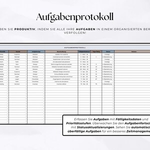 May include: A task log template titled Aufgabenprotokoll with columns for priority, client, task type, description, due date, days remaining, status, and notes. The document includes German text instructions for tracking tasks and project progress.