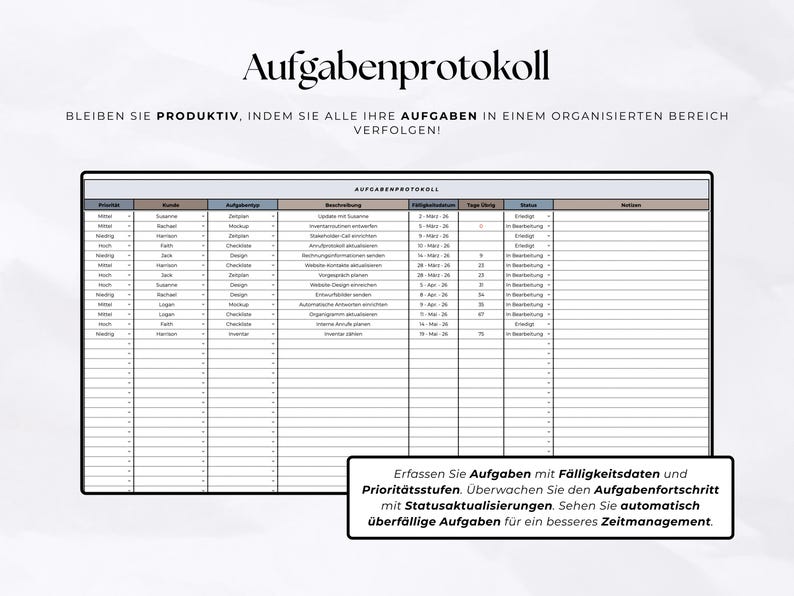 May include: A task log template titled Aufgabenprotokoll with columns for priority, client, task type, description, due date, days remaining, status, and notes. The document includes German text instructions for tracking tasks and project progress.