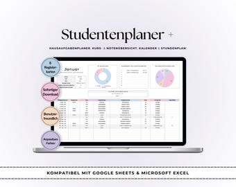 Schülerplaner Excel y Google Sheets / Akademischer Planer / Aufgaben-Tracker / Kursplan / Stundenplan / Notendurchschnitt Rechner