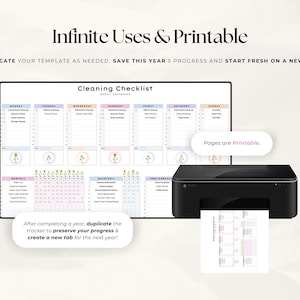 Peut inclure: Une liste de contr&ocirc;le de nettoyage imprimable avec un calendrier hebdomadaire, mensuel, trimestriel et semestriel. La liste de contr&ocirc;le est con&ccedil;ue pour &ecirc;tre utilis&eacute;e pendant une ann&eacute;e enti&egrave;re et peut &ecirc;tre dupliqu&eacute;e pour recommencer sur un nouvel onglet. L'image montre une imprimante qui imprime la liste de contr&ocirc;le.