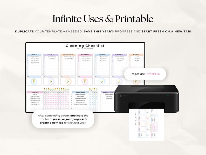 Peut inclure: Une liste de contr&ocirc;le de nettoyage imprimable avec un calendrier hebdomadaire, mensuel, trimestriel et semestriel. La liste de contr&ocirc;le est con&ccedil;ue pour &ecirc;tre utilis&eacute;e pendant une ann&eacute;e enti&egrave;re et peut &ecirc;tre dupliqu&eacute;e pour recommencer sur un nouvel onglet. L'image montre une imprimante qui imprime la liste de contr&ocirc;le.