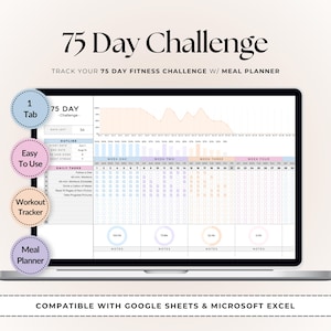75 dagen challenge-tracker | Google Spreadsheets en Microsoft Excel | Maaltijdplanner | Trainingsplanner | Doeltracker | Dagelijkse gewoonte-tracker