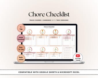 Modèle de liste de contrôle pour les tâches ménagères pour Google Sheets et Excel | Programme de nettoyage, planificateur de ménage, liste de contrôle et routine de nettoyage de la maison