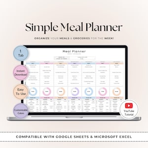 Weekly Meal Planner Template | Google Sheets & Excel | Simple Grocery List Organizer