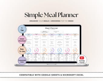 Weekly Meal Planner Template | Google Sheets & Excel | Simple Grocery List Organizer