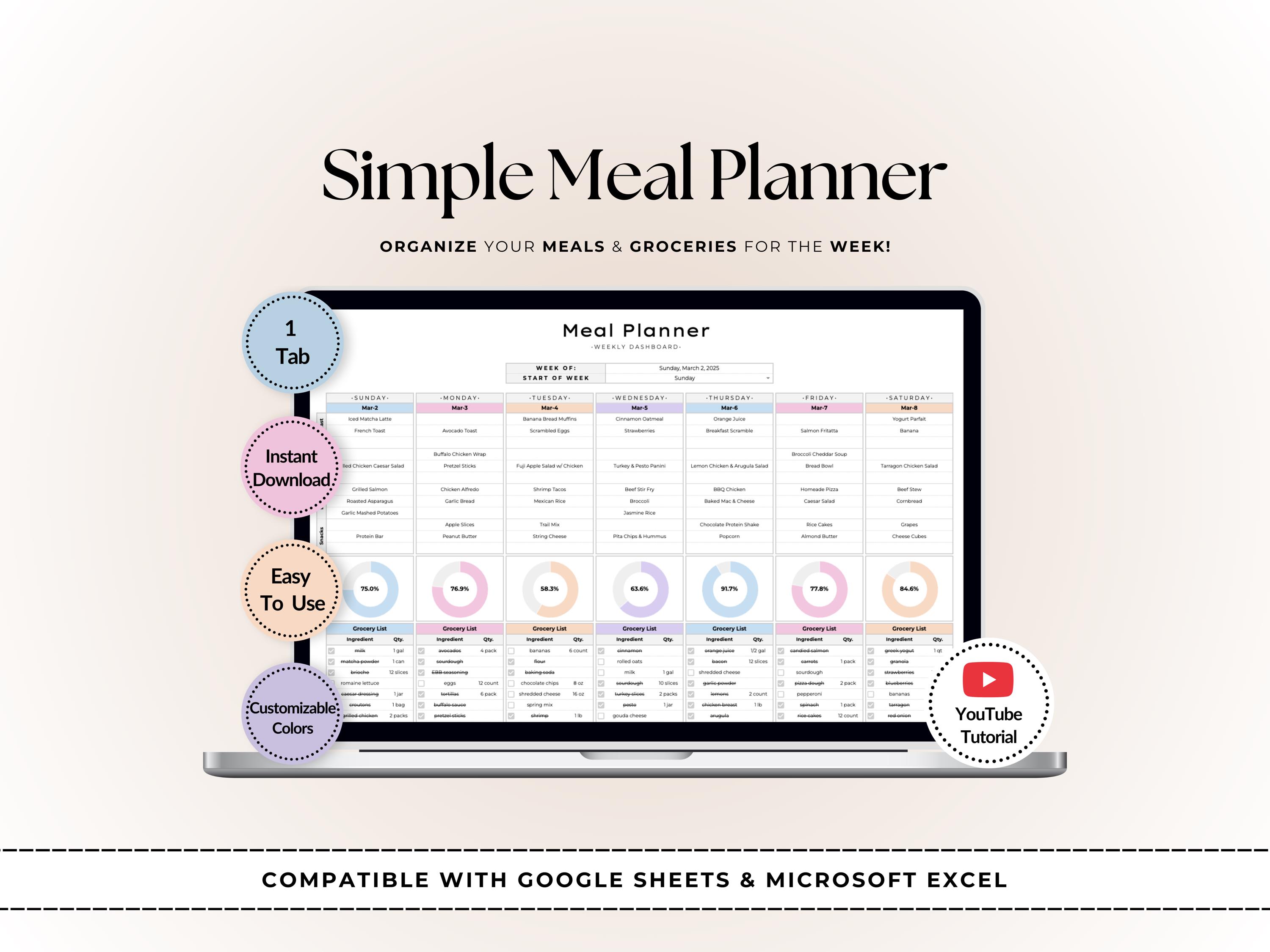 Weekly Meal Planner Template | Google Sheets & Excel | Simple Grocery ...