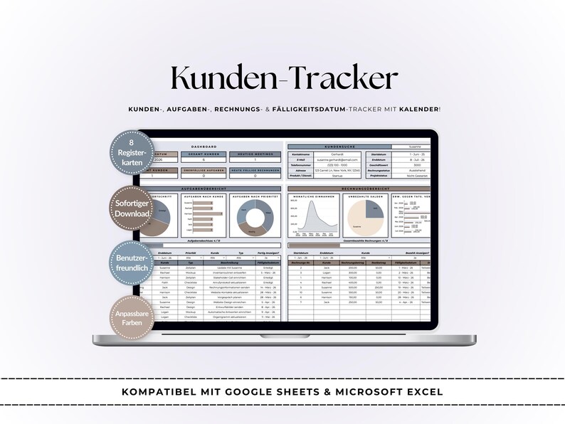 May include: A laptop screen displaying a digital client tracker spreadsheet with charts, tables, and data fields. Text on screen includes Kunden-Tracker, 8 Registerkarten, Sofortiger Download, Benutzerfreundlich, Anpassbare Farben, and Kompatibel mit Google Sheets & Microsoft Excel.