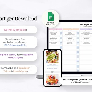 K&ouml;nnte beinhalten: Digitale Rezeptliste auf einem Laptop-Bildschirm, mit einem Smartphone, das ein Rezept zeigt. Das Bild enth&auml;lt den Text "Sofortiger Download" und "Google Tabellen". Die Rezeptliste ist f&uuml;r mobile Ger&auml;te optimiert.