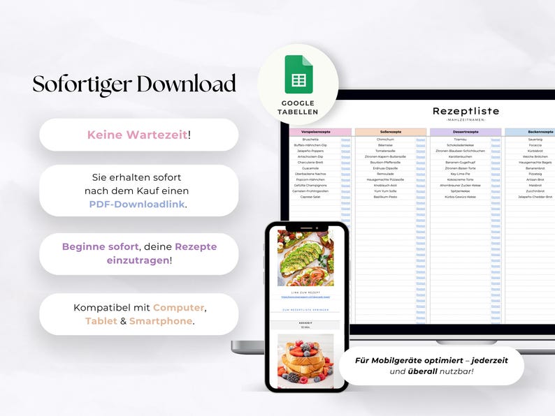 K&ouml;nnte beinhalten: Digitale Rezeptliste auf einem Laptop-Bildschirm, mit einem Smartphone, das ein Rezept zeigt. Das Bild enth&auml;lt den Text "Sofortiger Download" und "Google Tabellen". Die Rezeptliste ist f&uuml;r mobile Ger&auml;te optimiert.