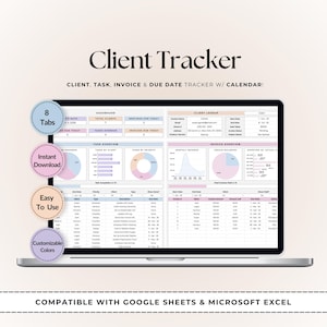 May include: A digital client tracker spreadsheet displayed on a laptop screen, featuring sections for client lookup, task overview, and invoice management. The interface includes charts, tables, and text labels. Four circular badges highlight features.